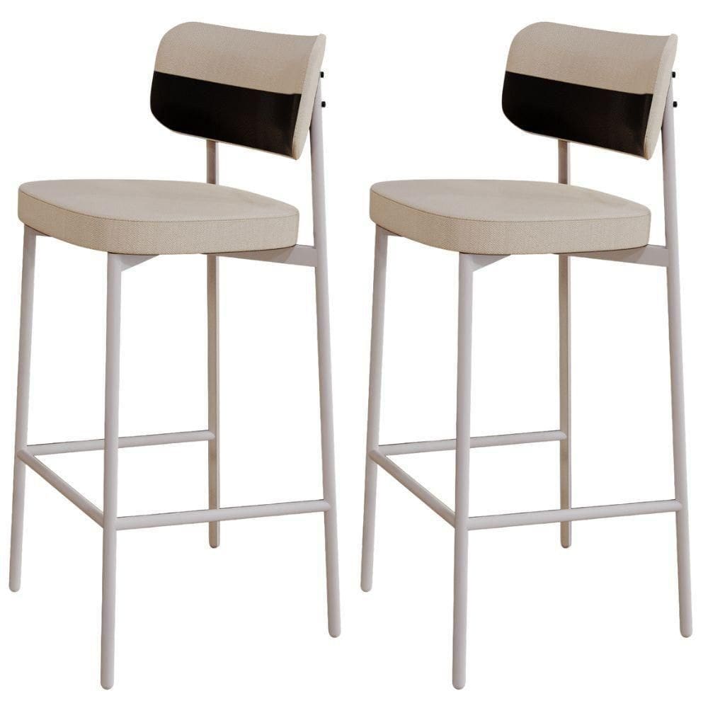 Kit 02 Banquetas Alta Bar Cozinha Sala De Jantar Aço Branco Kaira C01 Linho Areia Courino Preto - Lyam Decor