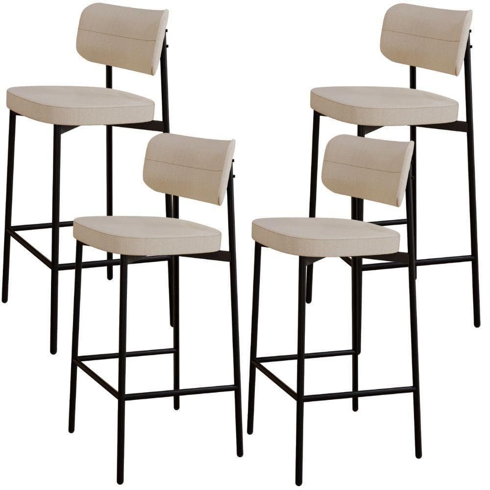 Kit 04 Banquetas Alta Bar Cozinha Sala De Jantar Aço Preto Kaira C01 Linho Areia - Lyam Decor