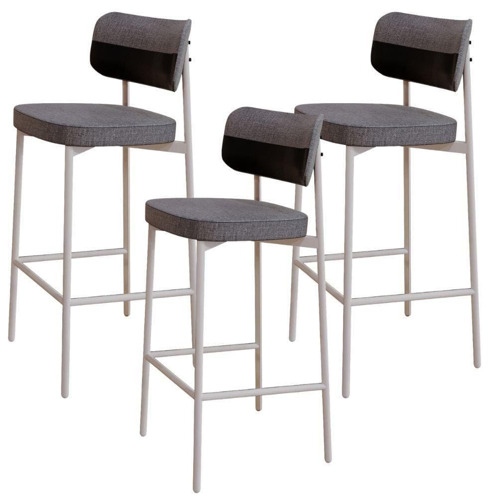 Kit 03 Banquetas Alta Bar Cozinha Sala De Jantar Aço Branco Kaira C01 Linho Cinza Courino Preto - Lyam Decor