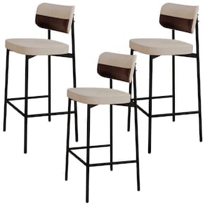 Kit 03 Banquetas Alta Bar Cozinha Sala De Jantar Aço Preto Kaira C01 Linho Areia Courino Café - Lyam Decor