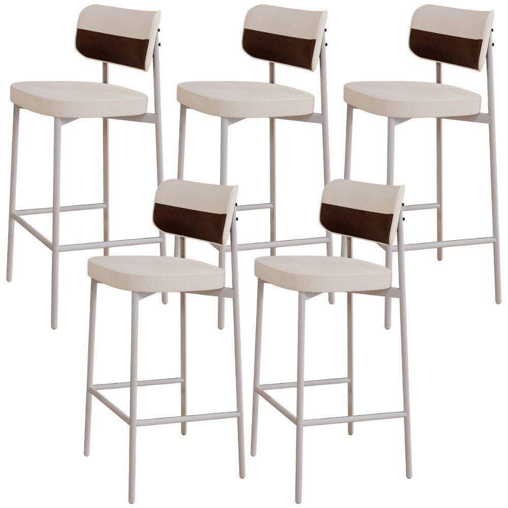 Kit 05 Banquetas Alta Bar Cozinha Sala De Jantar Aço Branco Kaira C01 Linho Palha Courino Whisky - Lyam Decor