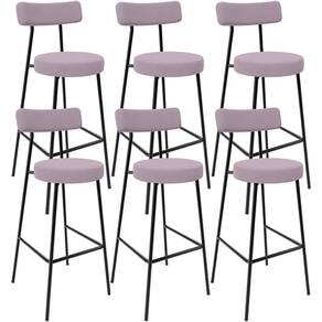 Kit 06 Banquetas Altas Cozinha Bar Sala De Jantar Em Aço Milão L02 Suede Rosê - Lyam Decor