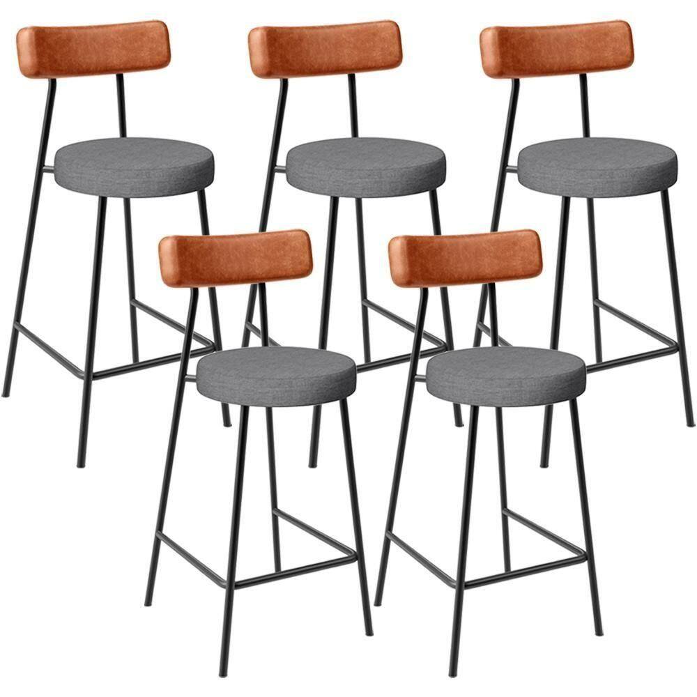 Kit 05 Banquetas Baixa Cozinha Jantar Milão L02 Couríssimo Camel Linho Cinza Escuro - Lyam Decor