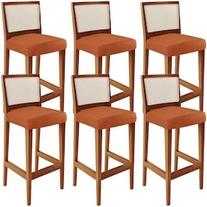 Kit 06 Banquetas Alta Para Cozinha Encosto Em Tela Branco Zion L02 Tecido Terracota - Lyam Decor