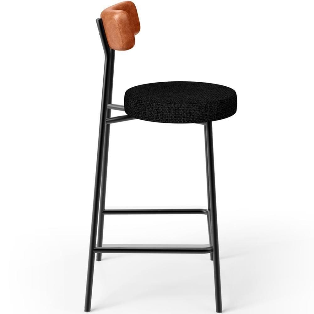 Banqueta Baixa Cozinha Sala Jantar Bancada Milão L02 Couríssimo Camel Linho Chumbo