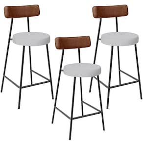 Kit 03 Banquetas Baixa Cozinha Sala De Jantar Milão L02 Couríssimo Marrom Linho Cinza