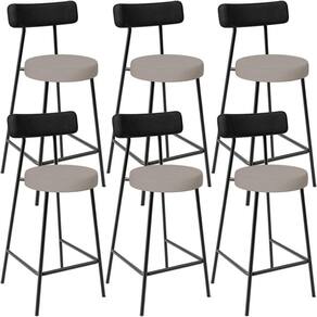 Kit 06 Banquetas Baixa Bar Cozinha Sala Jantar Milão L02 Couríssimo Preto Linho Bege -LyamDecor