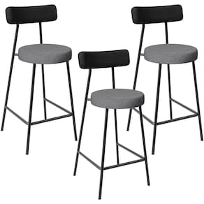 Kit 03 Banquetas Baixa Cozinha Jantar Milão L02 Couríssimo Preto Linho Cinza Escuro