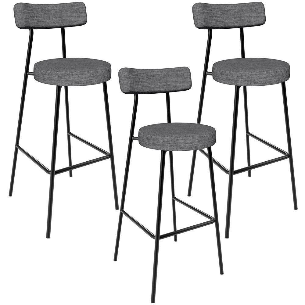 Kit 03 Banquetas Altas Cozinha Bar Sala De Jantar Em Aço Milão L02 Linho Cinza Escuro