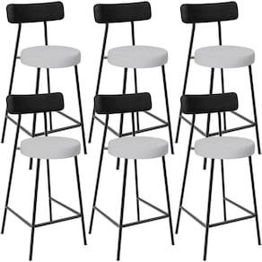 Kit 06 Banquetas Baixa Bar Cozinha Sala Jantar Milão L02 Couríssimo Preto Linho Cinza -LyamDecor