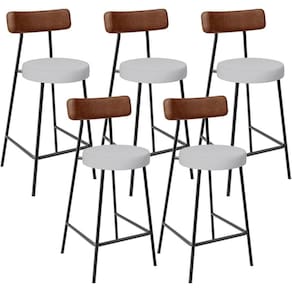 Kit 05 Banquetas Baixa Cozinha Sala De Jantar Milão L02 Couríssimo Marrom Linho Cinza -LyamDecor