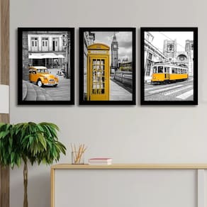 Quadro Decorativo City London Yellow + Vidro 33x25 3pç Sala