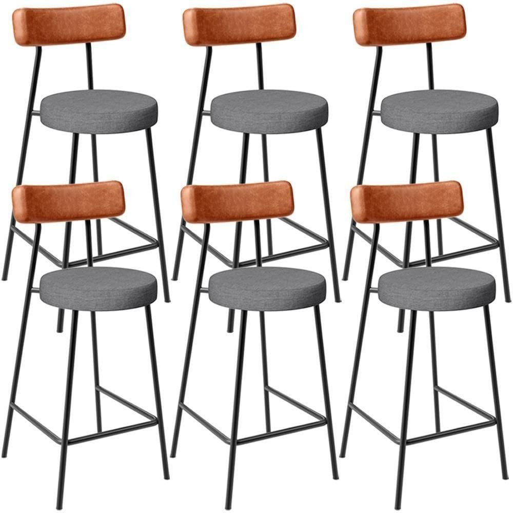 Kit 06 Banquetas Baixa Cozinha Jantar Milão L02 Couríssimo Camel Linho Cinza Escuro - Lyam Decor