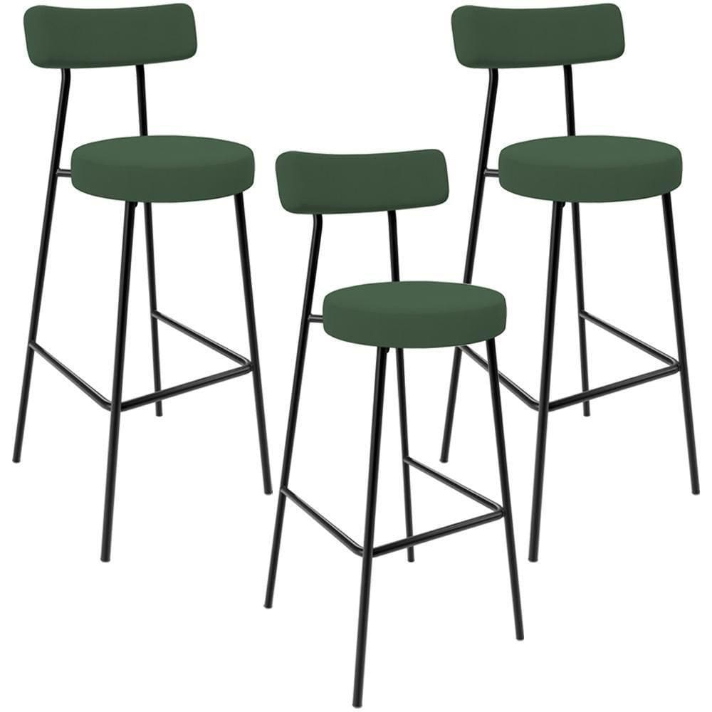Kit 03 Banquetas Alta Bar Cozinha Sala De Jantar Em Aço Milão F01 Suede Verde Musgo