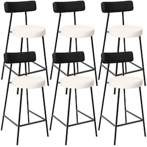 Kit 06 Banquetas Baixa Cozinha Sala Jantar Bancada Milão L02 Couríssimo Preto Linho Cru -LyamDecor