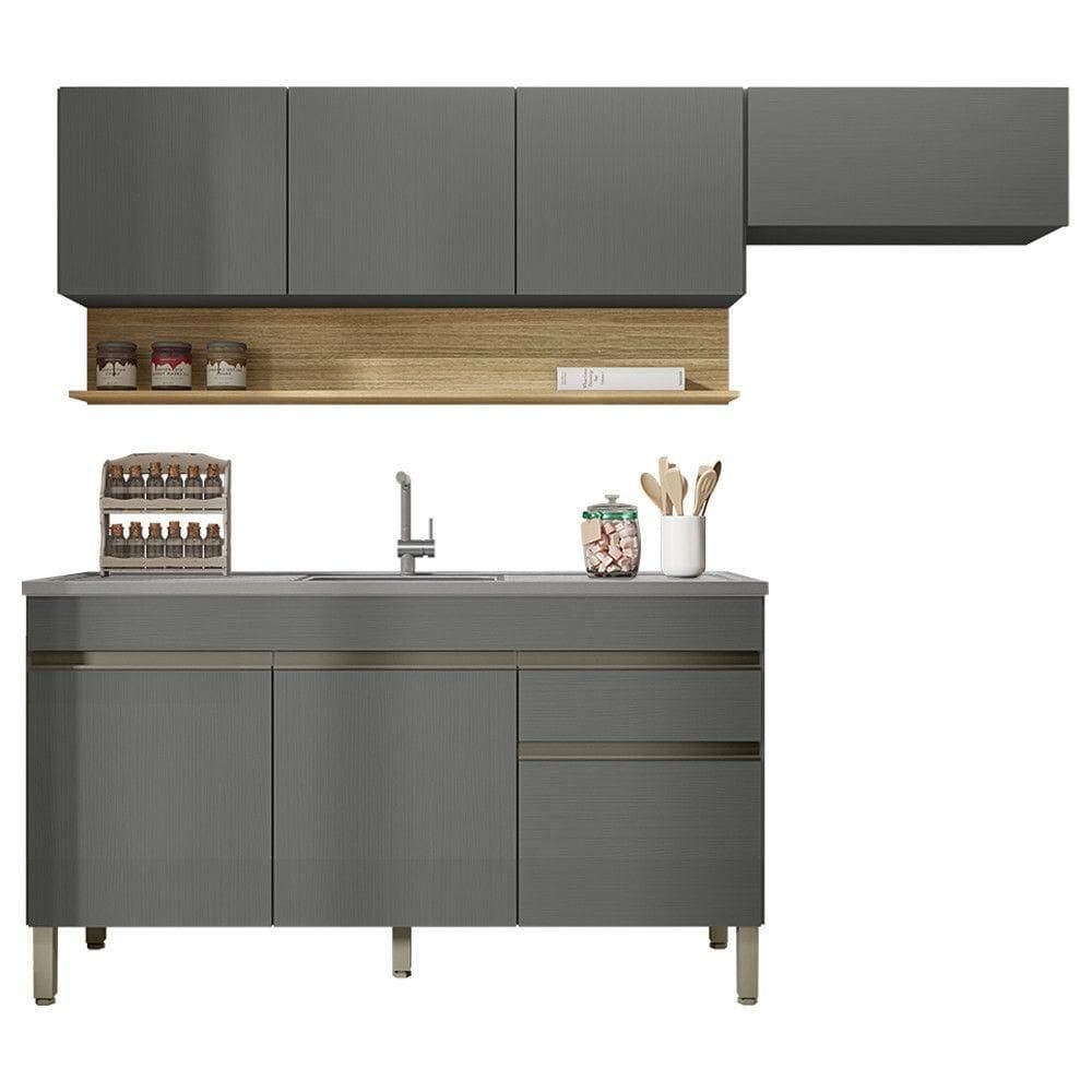 Armário De Cozinha 4 Peças Balcão Com Pia 150cm Lina18 K02 Gris/freijó - Mpozenato