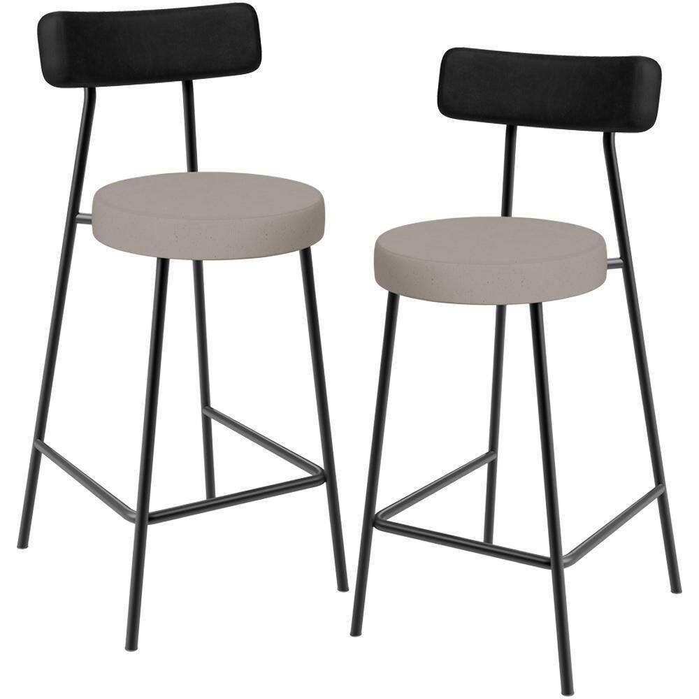 Kit 02 Banquetas Baixa Bar Cozinha Sala Jantar Milão L02 Couríssimo Preto Linho Bege
