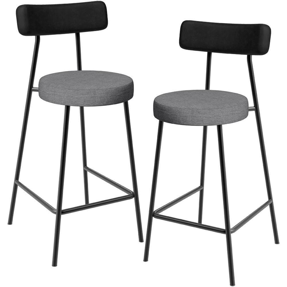 Kit 02 Banquetas Baixa Cozinha Jantar Milão L02 Couríssimo Preto Linho Cinza Escuro