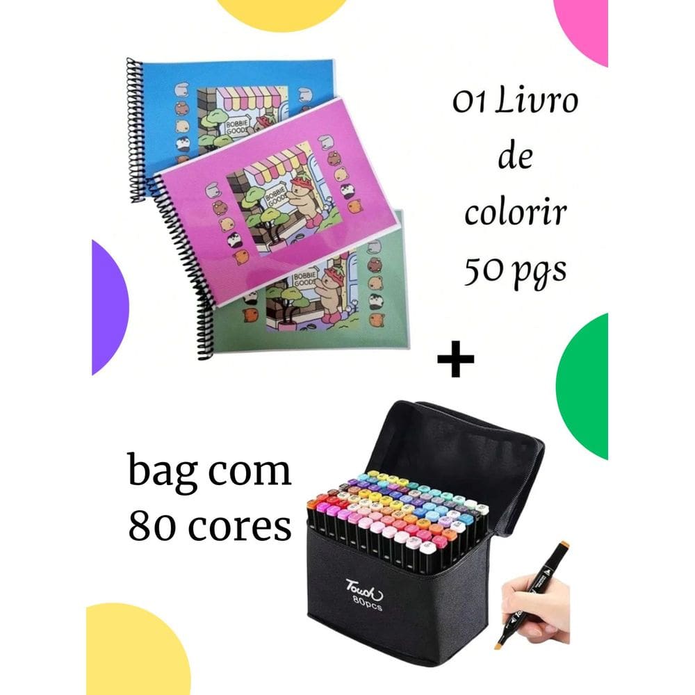 80 Canetinha com Livro de colorir bob gudi canetinhas ponta dupla para pintar livro bobi papelaria fofa kawai livro famo