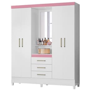 Guarda Roupa 4 Portas 3 Gavetas Persia Branco/Rosa/Branco