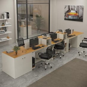 Estação De Trabalho 6 Lugares Smart Office 6 Mesas 4 Armários 4 Aparadores Off White E Cedro