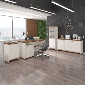 Conjunto Escritório Office Escrivaninha Balcões Gaveteiro Berlin Vianossa Off White/Naturale