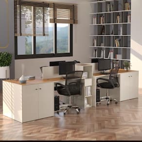 Estação De Trabalho 4 Lugares Office Smart 4 Mesas 2 Armários 4 Aparador - Off White E Cedro Off White E Cedro
