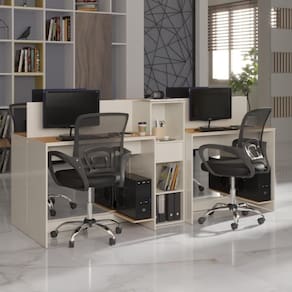 Estação De Trabalho 4 Lugares Office Smart 4 Mesas 2 Armários - Off White E Cedro Off White E Cedro