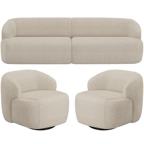 Sofá 3 Lugares Curvo Orgânico Com 02 Poltronas Living 250cm Barolo L06 Linho Bege Escuro