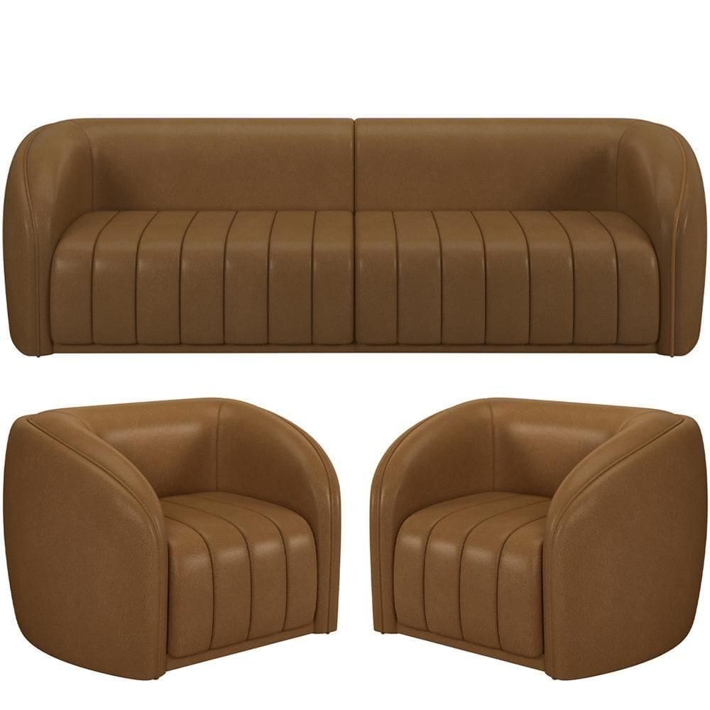 Kit Sofá 04 Lugares Para Sala 292 Cm Com 02 Poltronas Lazio M03 Couríssimo Whisky - Lyam Decor