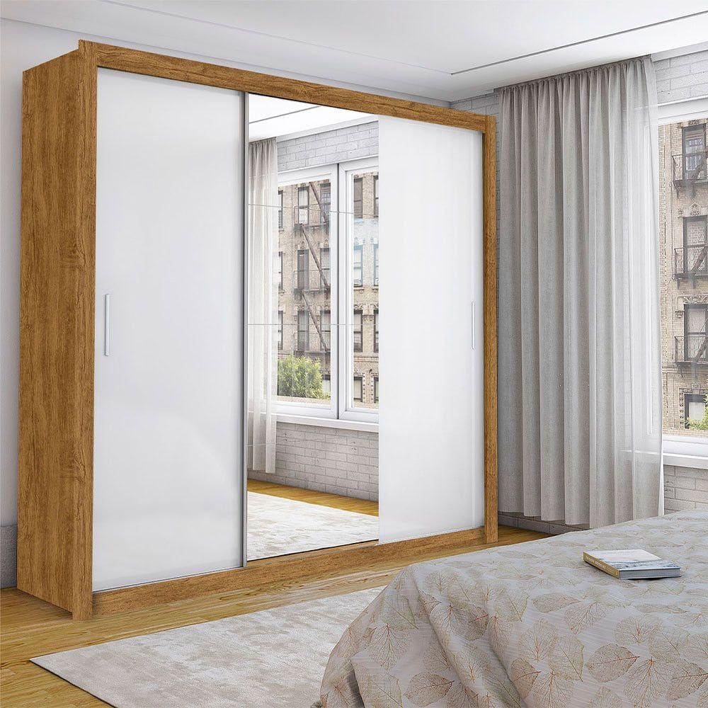 Guarda Roupa Casal Luxo Com Espelho 3 Portas De Correr 4 Gavetas Carioca Moveis Freijó Com Branco