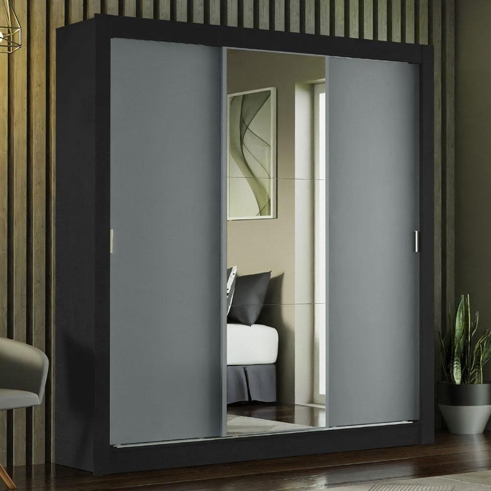 Guarda-roupa Casal 3 Portas Com Espelho Preto/Cinza