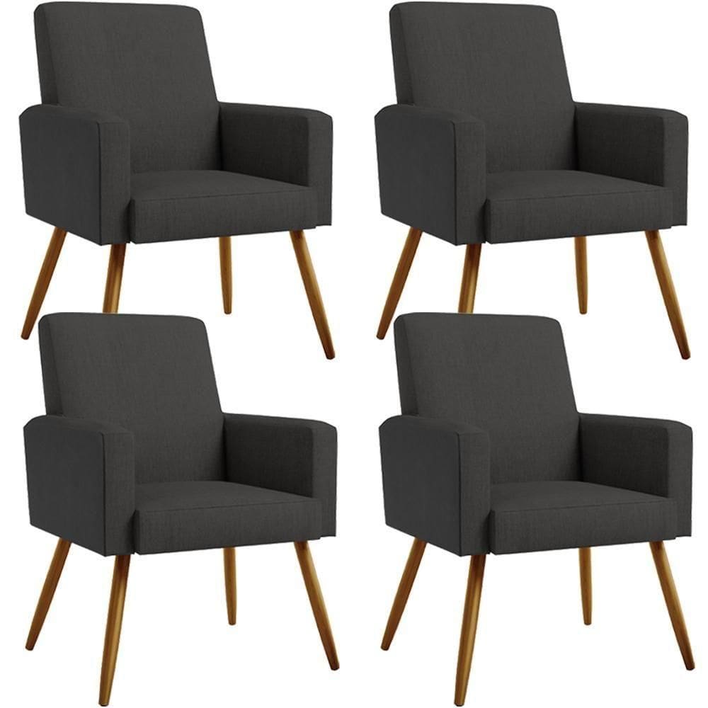 Kit 04 Poltronas Pés Palito Linho Chumbo Couríssimo Preto