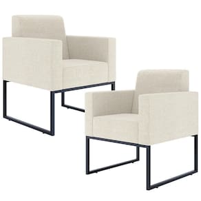 Kit 02 Poltronas Base Fixa Metal Linho Champagne