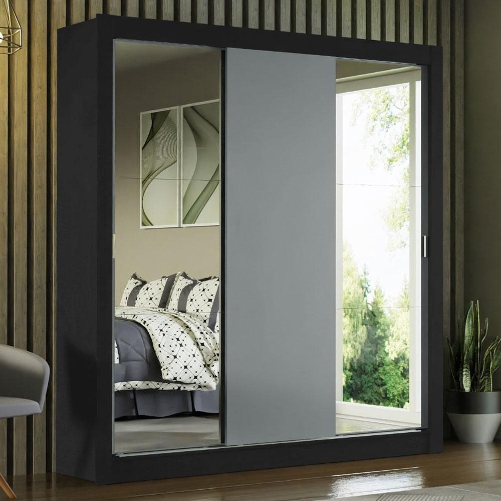 Guarda-roupa Casal 3 Portas Com Espelhos Preto/Cinza