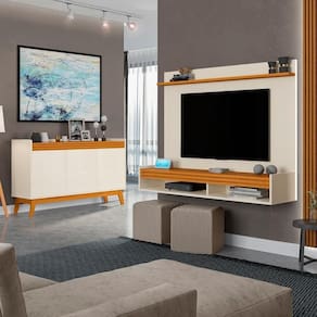 Conj Sala De Estar Painel 136cm E Buffet Off White/Cedro