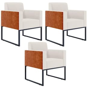 Kit 03 Poltronas Base Fixa Metal Helô L02 Linho Cru Camel