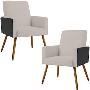 Kit 02 Poltronas Pés Palito Linho Bege Couríssimo Preto
