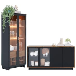 Conjunto Sala De Jantar Cristaleira E Buffet Preto Fosco/noce