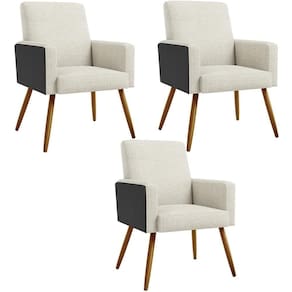 Kit 03 Poltronas Pés Palito Linho Champagne Couríssimo Preto