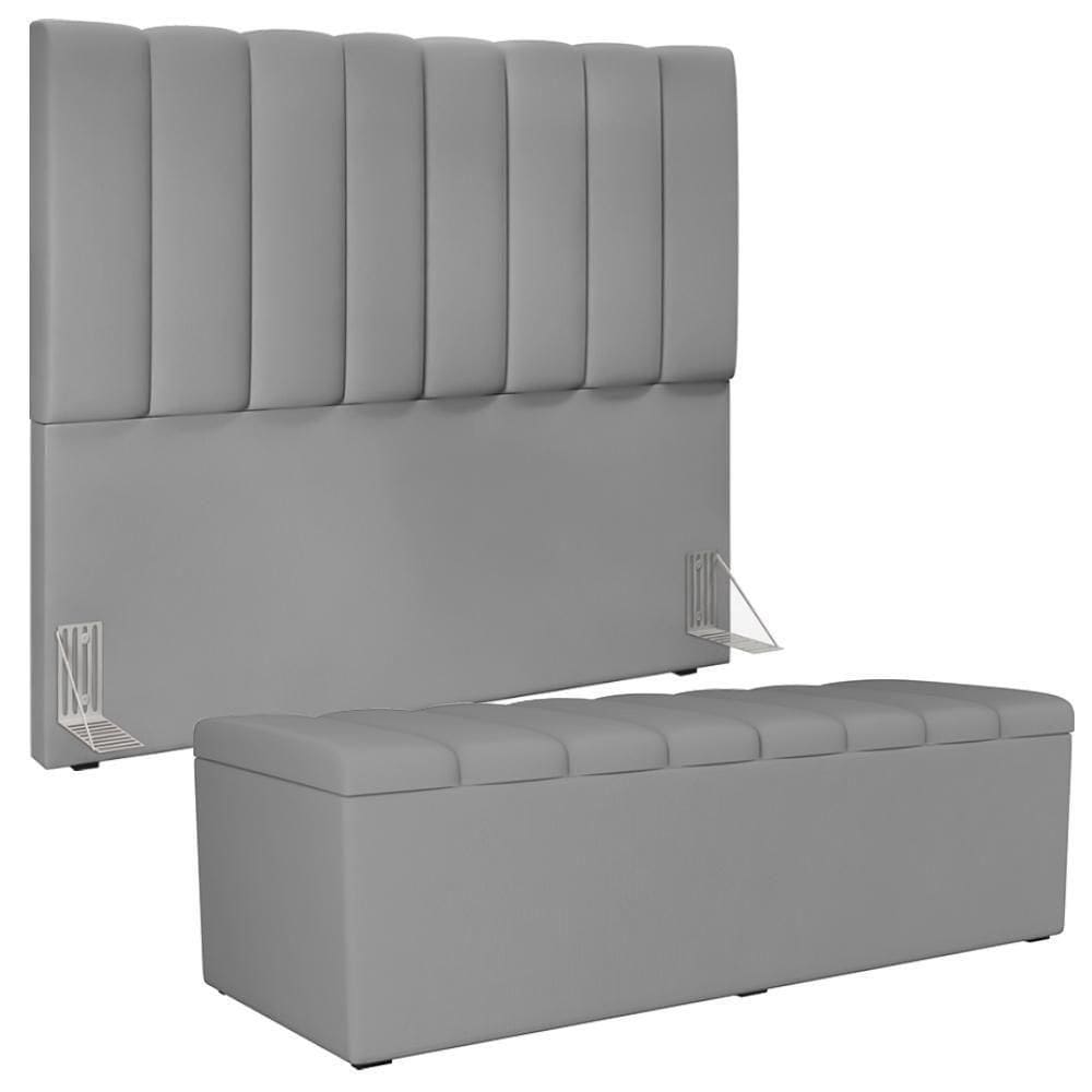 Kit Cabeceira Casal 140cm Com Calçadeira Recamier Baú Cinza