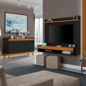 Conj Sala De Estar Painel 136cm E Buffet Ripado Preto/Cedro