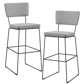 Kit 02 Banquetas Alta Base Aço Fixa Linho Cinza