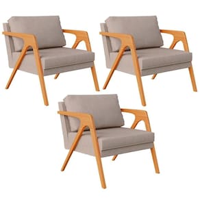 Kit 03 Poltronas Pietra Estrutura De Madeira L02 Linho Bege