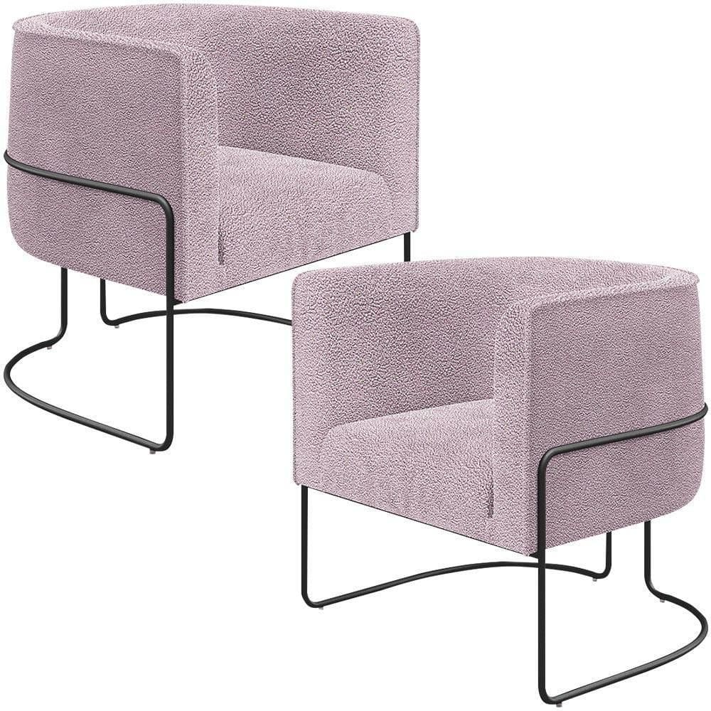 Kit 02 Poltronas Fixa Base Aço Preto Betina D02 Bouclê Rosê