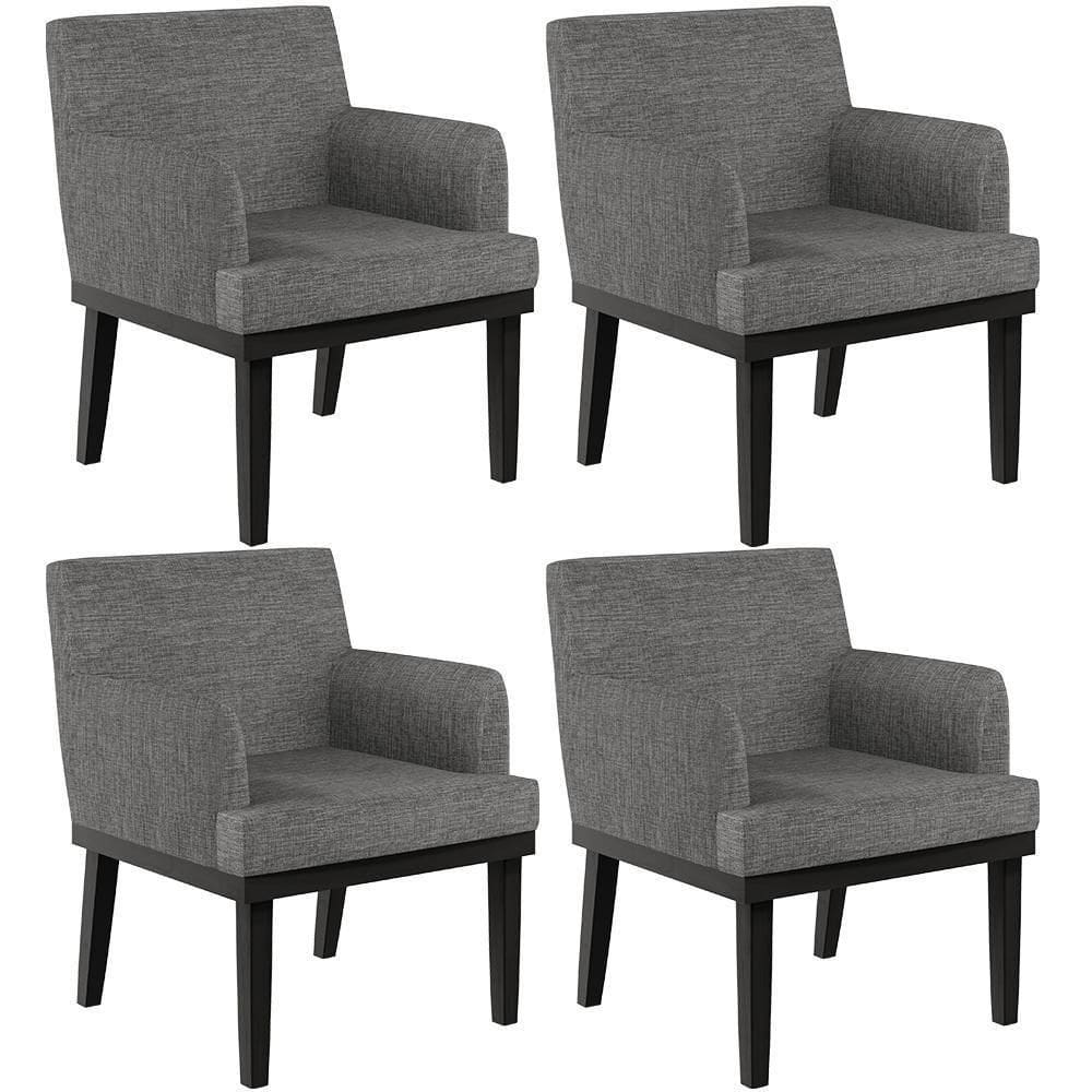 Kit 04 Poltronas Decorativas Sala De Estar Base Preto Beatriz W01 Linho Cinza Escuro - Lyam Decor