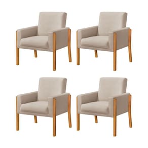 Kit 4 Poltronas Sala De Espera Pés Em Madeira Santorini Veludo Bege - Bege