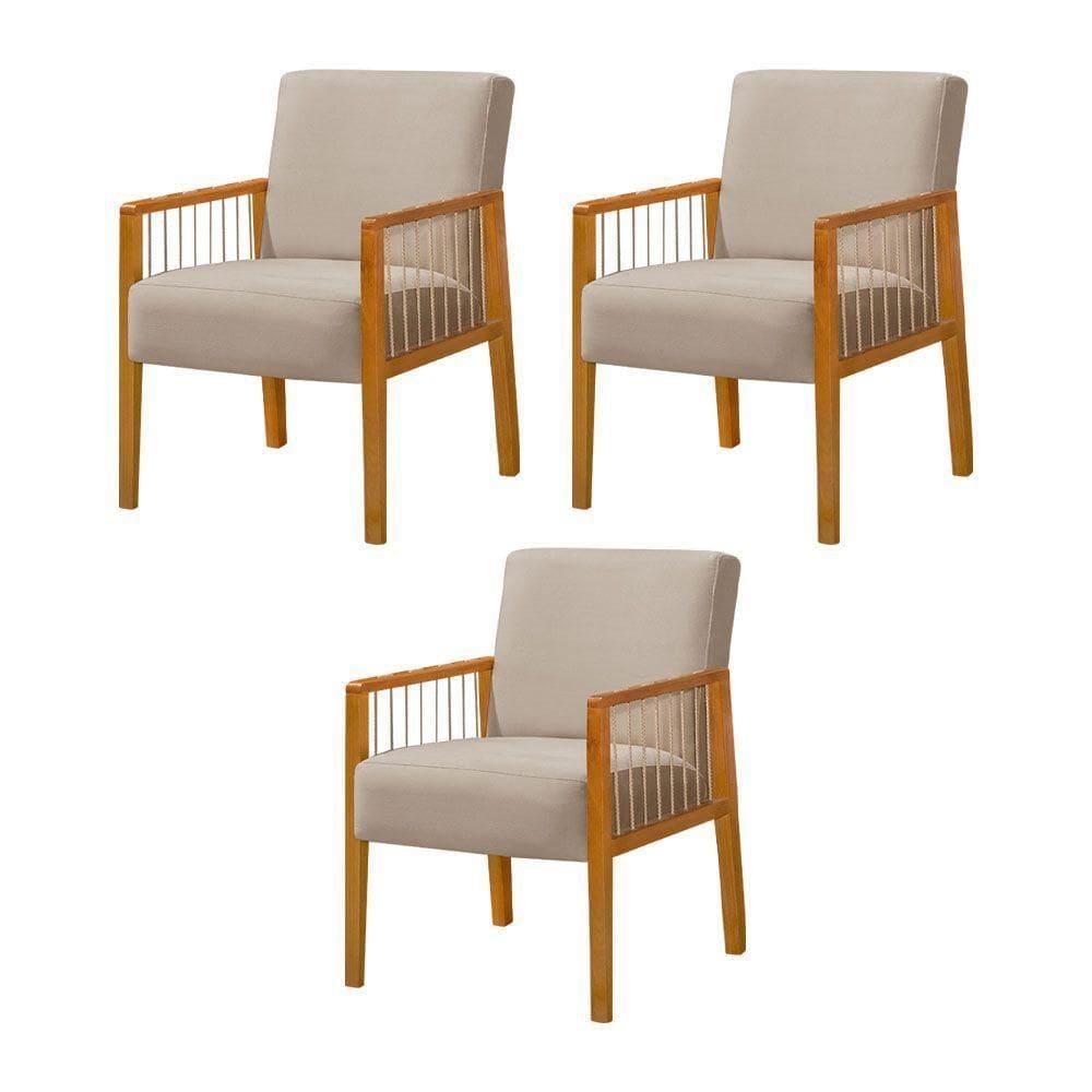 Kit 3 Poltronas Decorativa Base Em Madeira Maciça E Corda Náutica Copacabana Veludo Bege - Bege