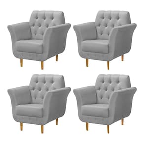 Kit 4 Poltronas Decorativa Pés Palito Em Madeira Playa Linho Cinza - Cinza