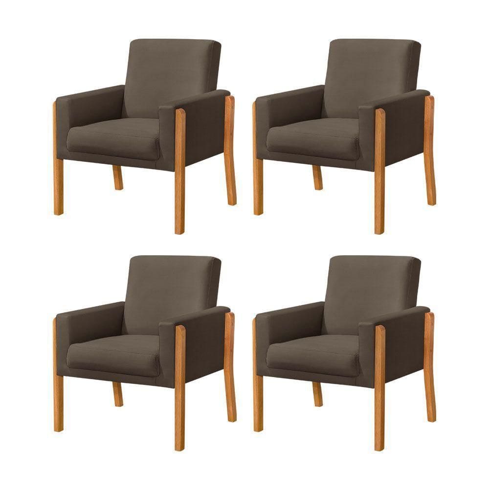 Kit 4 Poltronas Sala De Espera Pés Em Madeira Santorini Veludo Marrom - Marrom